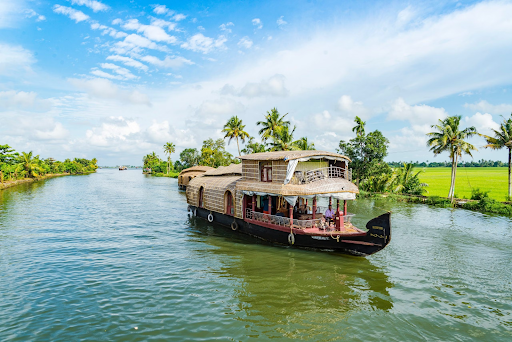 A serene view of Alleppey's backwaters with lush greenery and a small boat, showcasing a peaceful summer atmosphere.