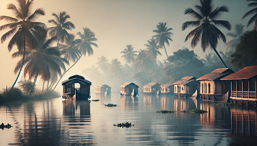 A serene view of Alleppey's backwaters with lush greenery and a small boat, showcasing a peaceful summer atmosphere.