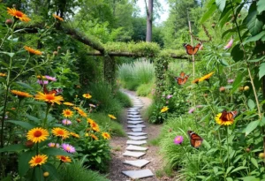 A scenic butterfly garden with a nature trail lined with blooming flowers.