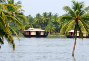 Houseboats on the Alleppey backwaters with coconut trees in the background.