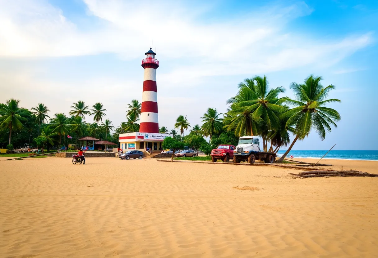 Alappuzha lighthouse overlooking the beach at sunset.