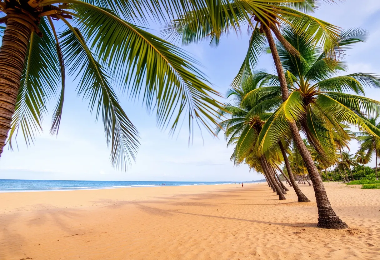 Marari Beach with palm trees and golden sand under a clear blue sky.
