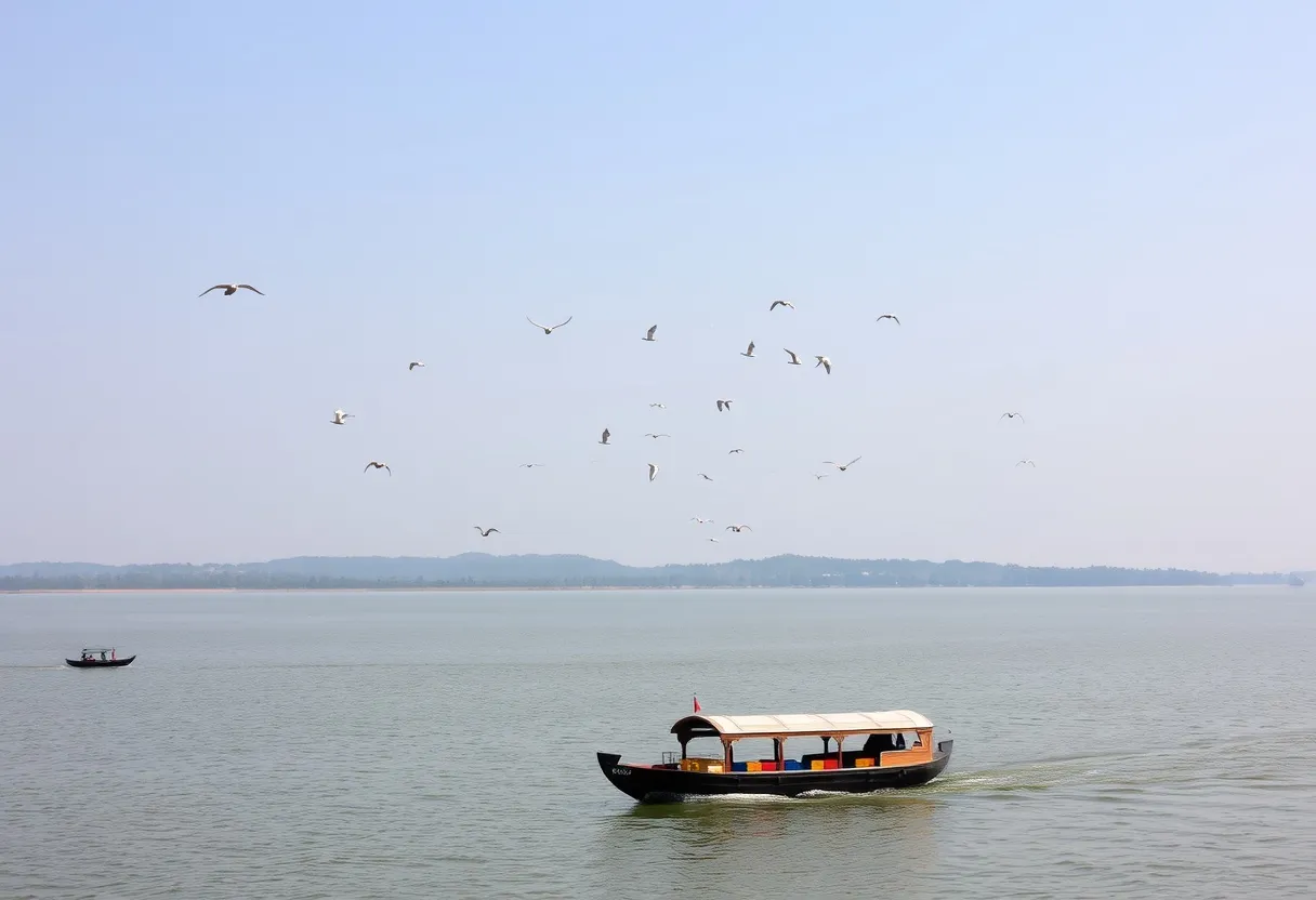 Vembanad Lake with a houseboat sailing through calm waters.