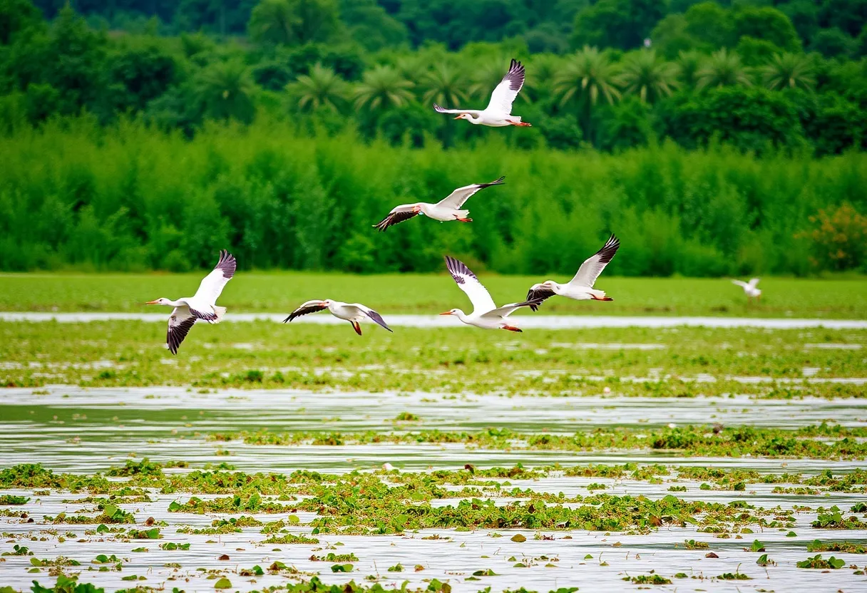 Migratory birds flying over Kumarakom Bird Sanctuary.