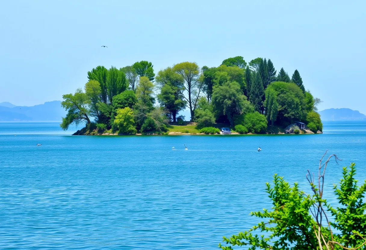 Pathiramanal Island with lush greenery and still lake waters.