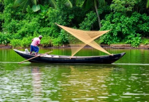 A traditional wooden canoe (vallam) with a fisherman casting nets, surrounded by lush greenery and calm waters.