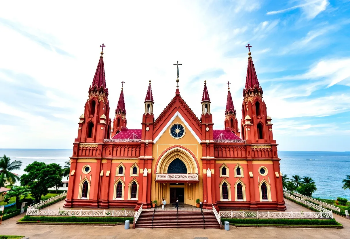 The grand facade of Arthunkal St. Andrew’s Basilica, with its tall spires and colonial architecture.
