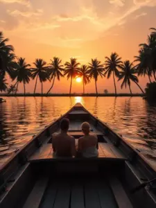 A wide, cinematic shot of a traditional Kettuvallam houseboat floating gently through the backwaters of Alleppey at sunset, with golden light reflecting on the water. Coconut palms line the horizon, and the sky is a mix of warm oranges and purples. A couple is seen on the deck, relaxed and soaking in the view.