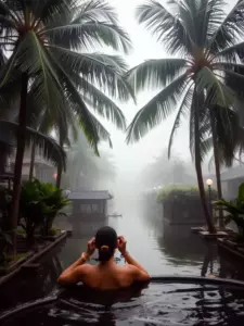 Rain-kissed palm trees, misty canals, or someone enjoying Ayurvedic spa.
