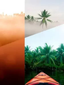 Seasonal montage: morning mist, glowing sunset, kayak under tropical trees.