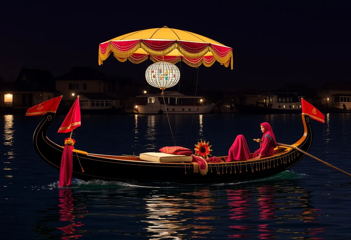Colorful canopy-style shikara boat docked at Alleppey pier