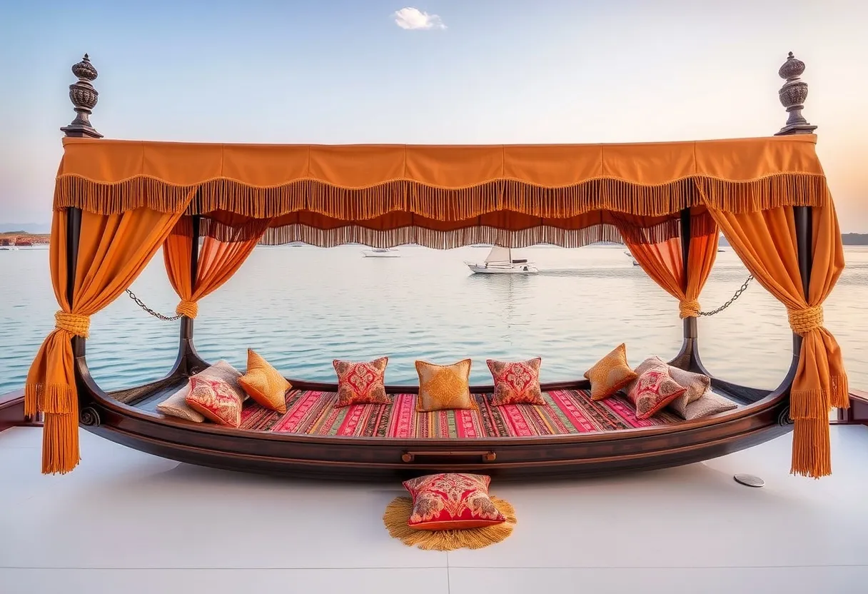 Colorful canopy-style shikara boat docked at Alleppey pier