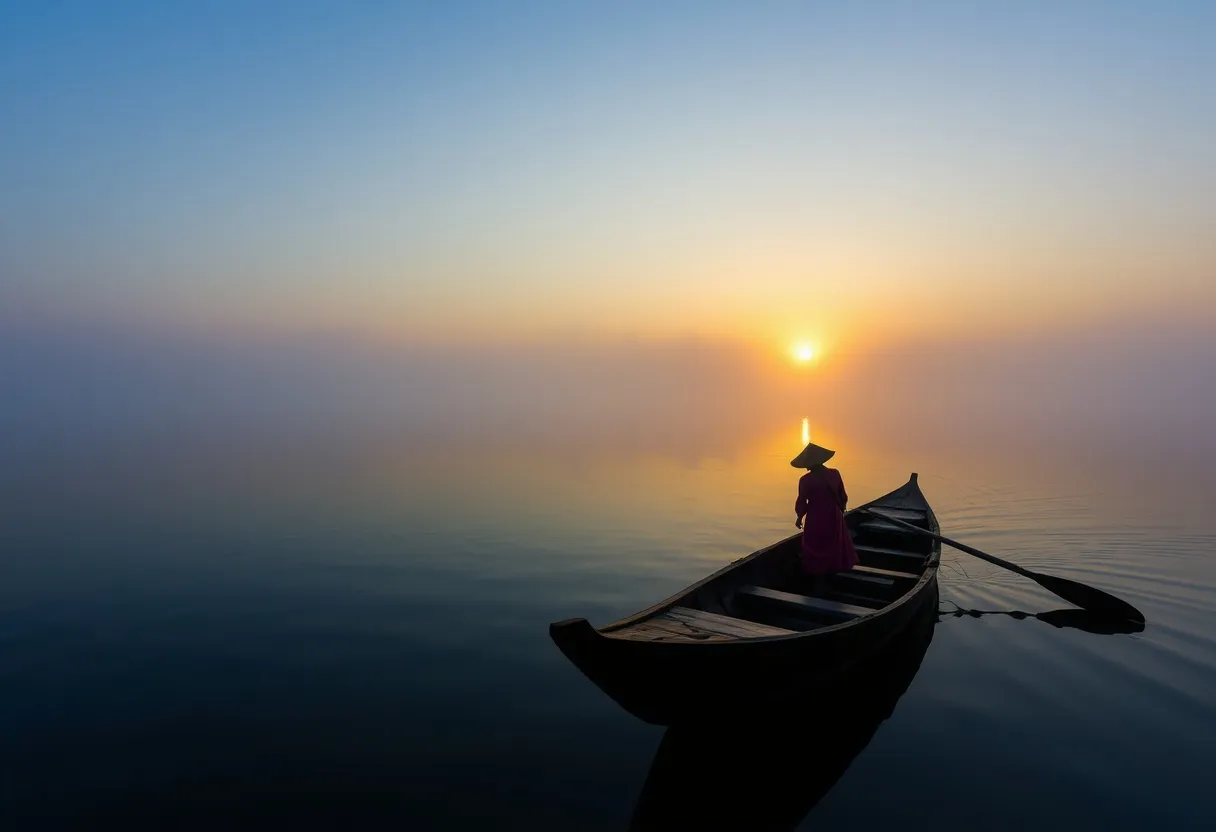 hikara boat floating into the distance under golden skies