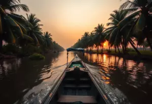 Shikara boat floating across golden Alleppey backwaters at sunset