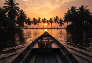 A wide, cinematic shot of a traditional Kettuvallam houseboat floating gently through the backwaters of Alleppey at sunset, with golden light reflecting on the water. Coconut palms line the horizon, and the sky is a mix of warm oranges and purples. A couple is seen on the deck, relaxed and soaking in the view.
