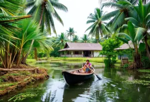Traditional Kerala village scene with coconut trees, a canoe on the backwaters, and a local woman weaving coir ropes beside a thatched-roof homestay.