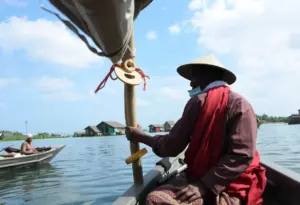 Local shikara boatman steering the boat through a quiet canal