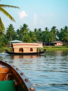 Houseboat on the backwaters + local village in the backdrop.