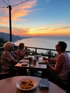 Guests dining, relaxing, and watching sunset.
