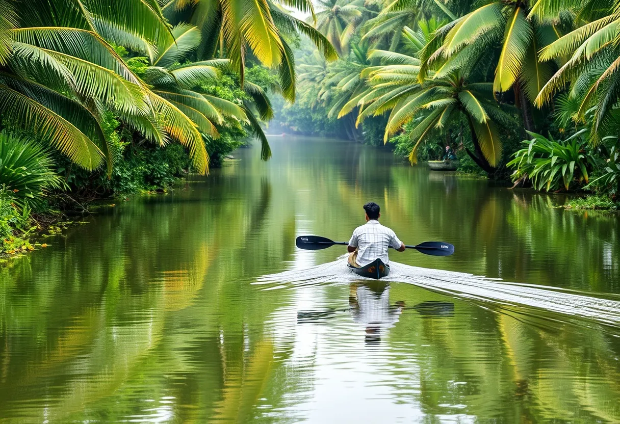 A solo kayaker gliding through a lush green canal in Alleppey.