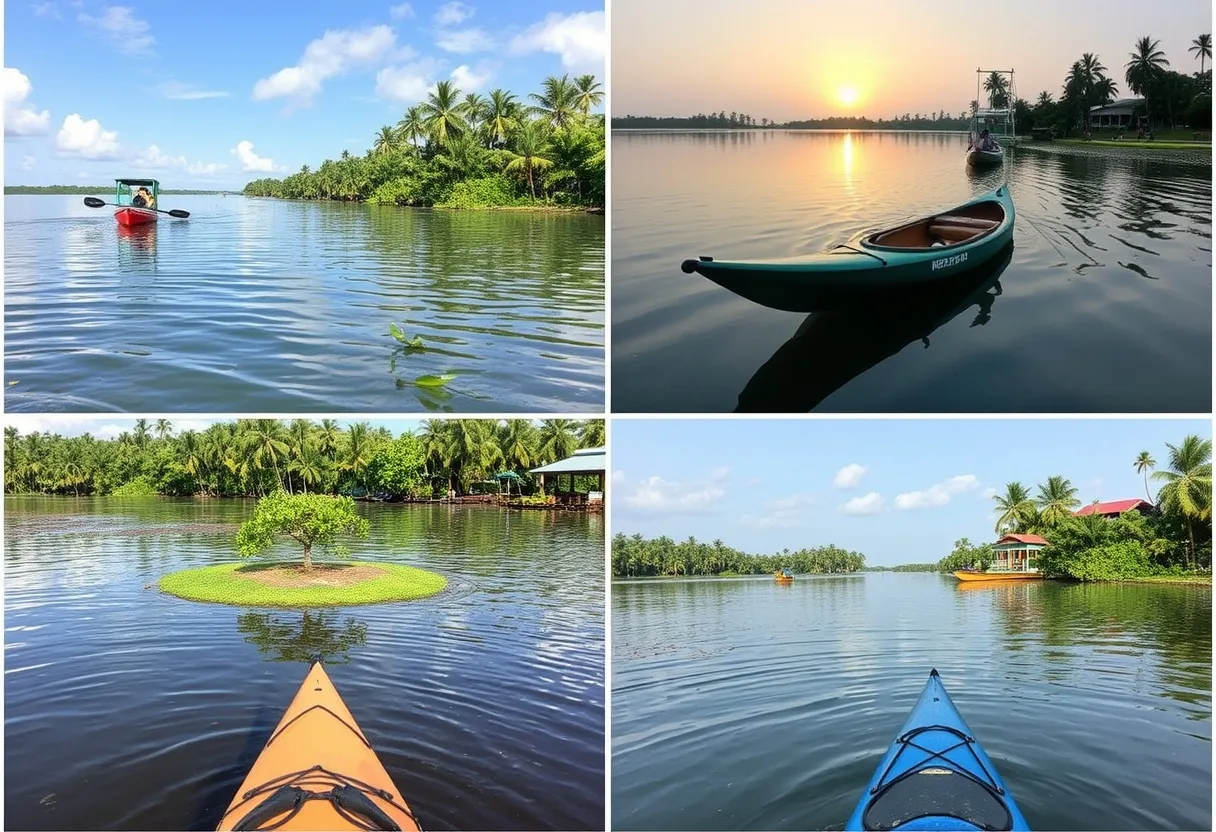Collage or carousel of 4 kayaking destinations: Alleppey, Kumarakom, Munroe Island, Ashtamudi.