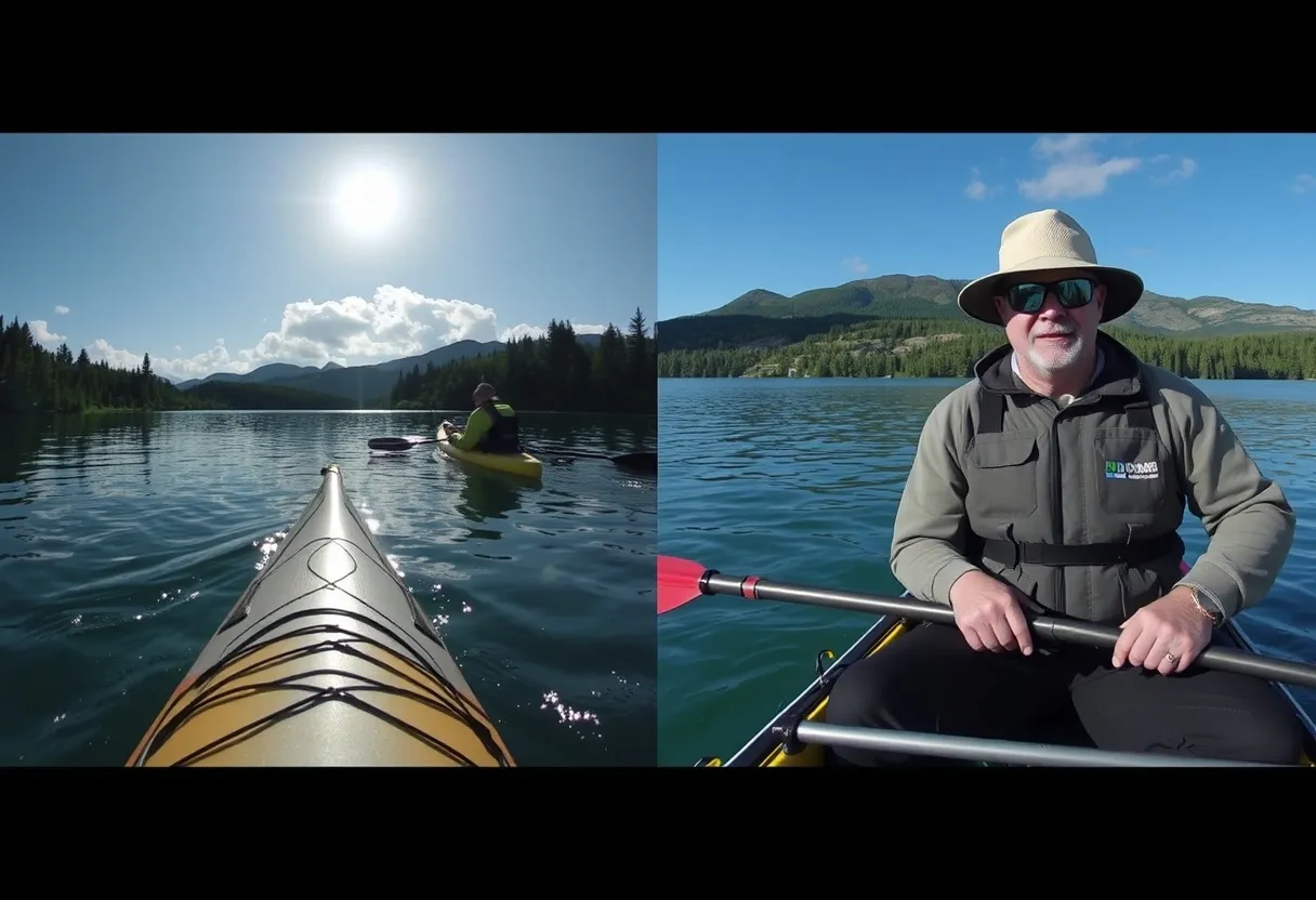 Split screen — solo kayaker vs guided group with local expert.