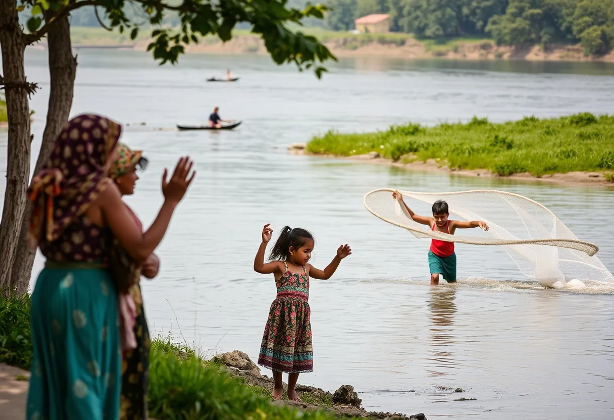 Split or full image of village life — women by river, children waving, fisherman casting nets.