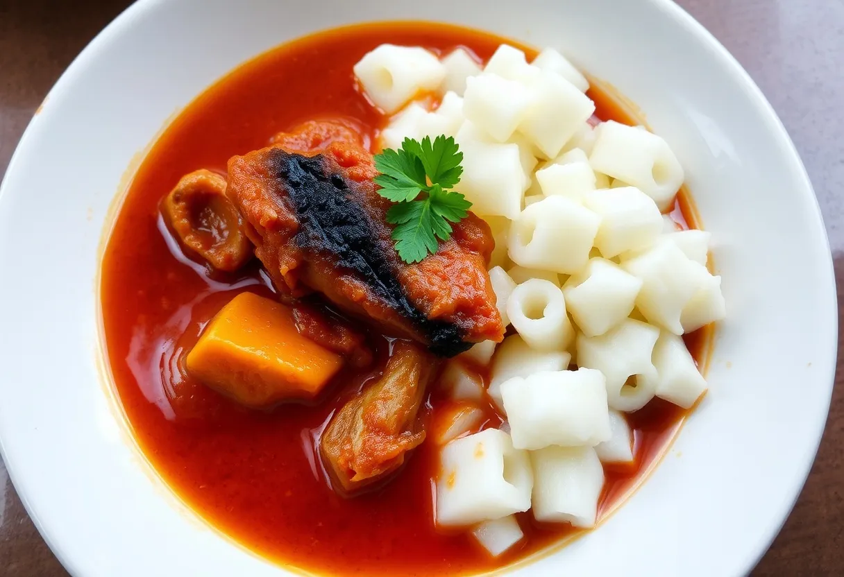 Kappa (boiled tapioca) served with fiery red fish curry made with kokum and coconut milk—a rustic and comforting local staple.