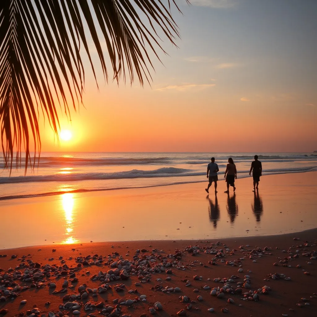 Golden hour photography on Alleppey beach: sunburst over waves, seashell-strewn sand, silhouettes walking shore, reflections in wet sand, vibrant dawn colors, magical nostalgic feel for villa guests capturing memories, landscape 16:9." Stock Alt: (Sunrise palms framing beach).