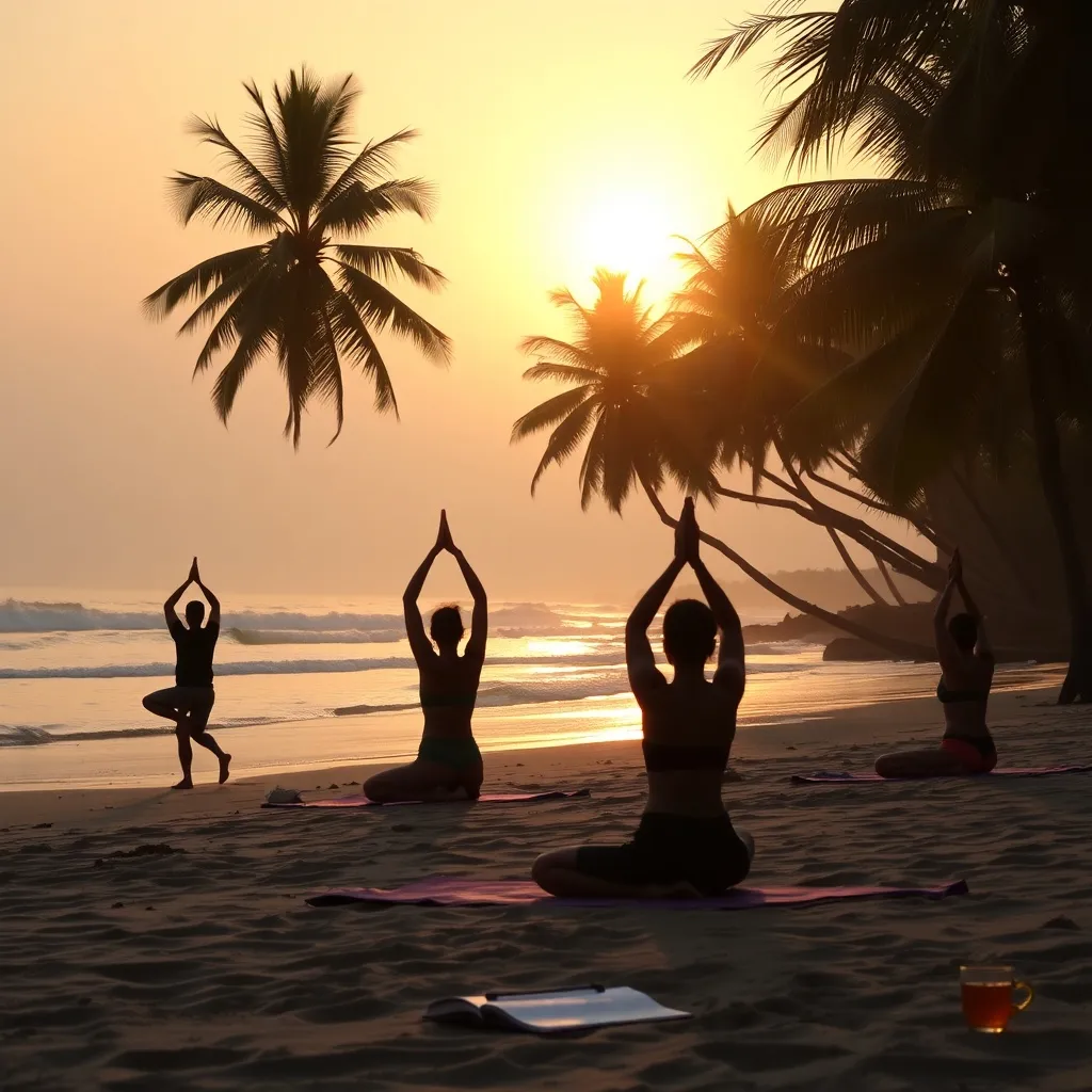 Serene beach yoga at sunrise on Alleppey sands: silhouetted figures in poses on the shore, golden light filtering through palms, gentle waves and seabreeze, journal and chai cup nearby, peaceful morning ritual atmosphere, warm tones, 16:9.
