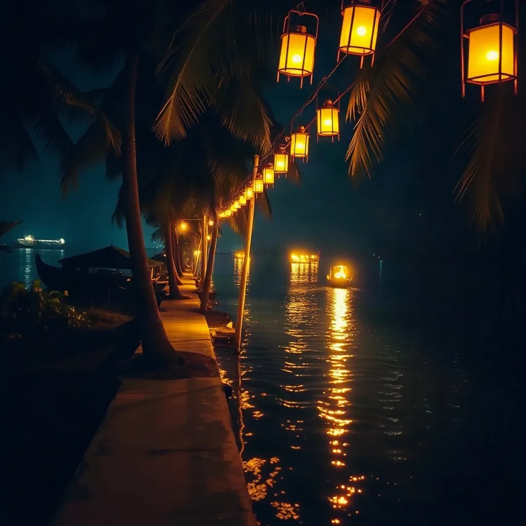 Picture a narrow path skirting the water’s edge, lit only by lanterns swinging lazily in the breeze. Their golden halos dance on the ripples, while shadows of coconut palms stretch long and lean. The scents wafting in the air are a sweet jasmine fragrance and musky, rich petrichor (damp earth). Every step feels like walking through a dream, where silence is not empty but alive—with crickets, with the dip of an oar in the distance, with your own breath slowing to match the pace of the night.