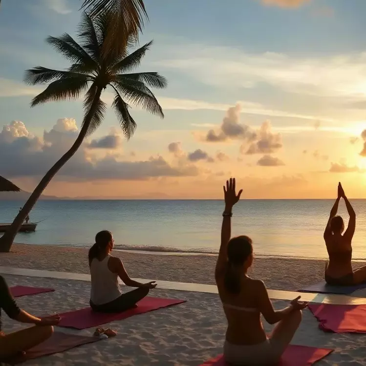 Peaceful sunrise yoga session by the sea at a luxury beach villa, with people stretching and meditating on the beach. Soft dawn light, calm ocean, tropical greenery, serene wellness atmosphere, natural and photorealistic.